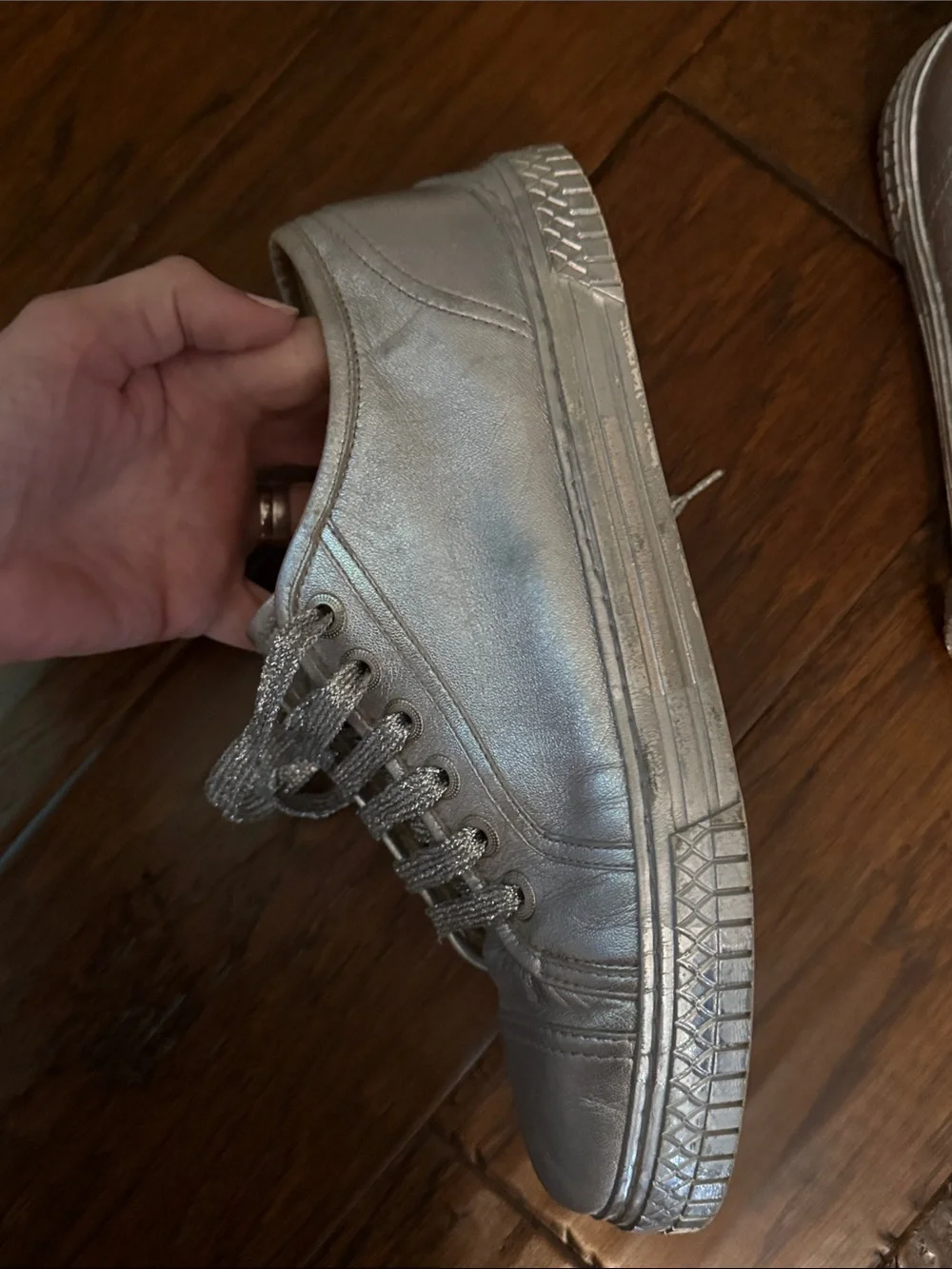 CHANEL Metallic Silver Leather Sneakers with Glitter Laces